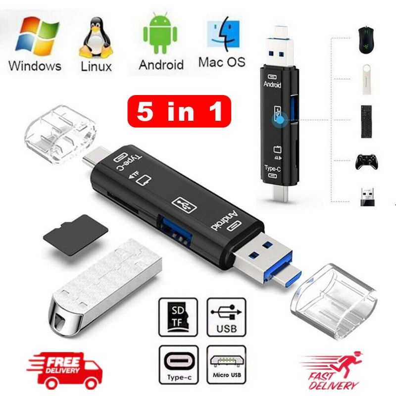 Card Reader 5 in 1 OTG Type C Micro USB TF Memory Card