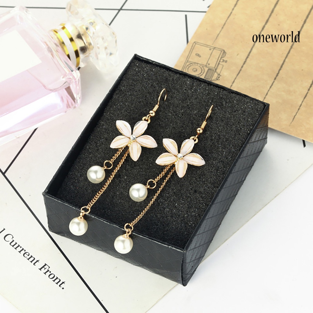 OW@ Earrings Flower Fake Pearl Pendant Elegant Alloy Long Chain Dangle Hook Earrings for Girl