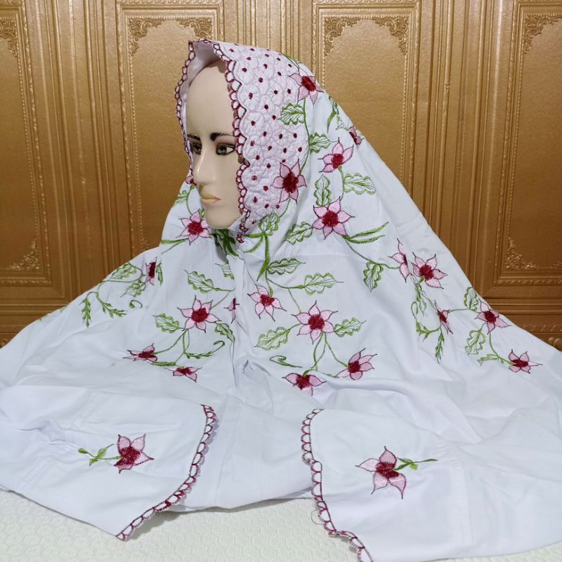 Agen grosir promo mukenah lajuran terusan polinosilk rukuh putih syar'i terbaru