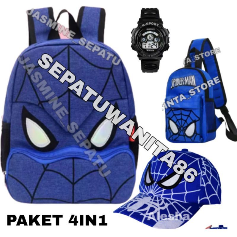 Tas ransel anak sekolah laki laki karakter Spiderman/ bonus jam sport keren