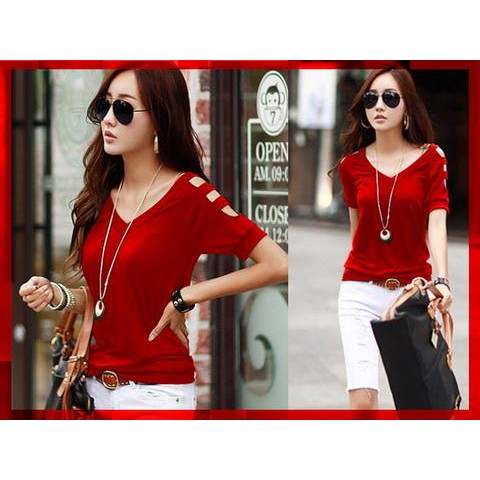 Jual baju atasan wanita model kaos v neck merah dan hitam lengan bolong Limited
