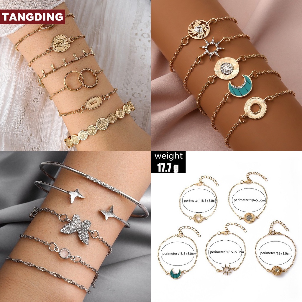 【COD Tangding】Gelang Model Terbuka Desain Kupu-Kupu Hias Berlian Warna Silver / Gold / Hitam Gaya Retro / Punk Untuk Wanita