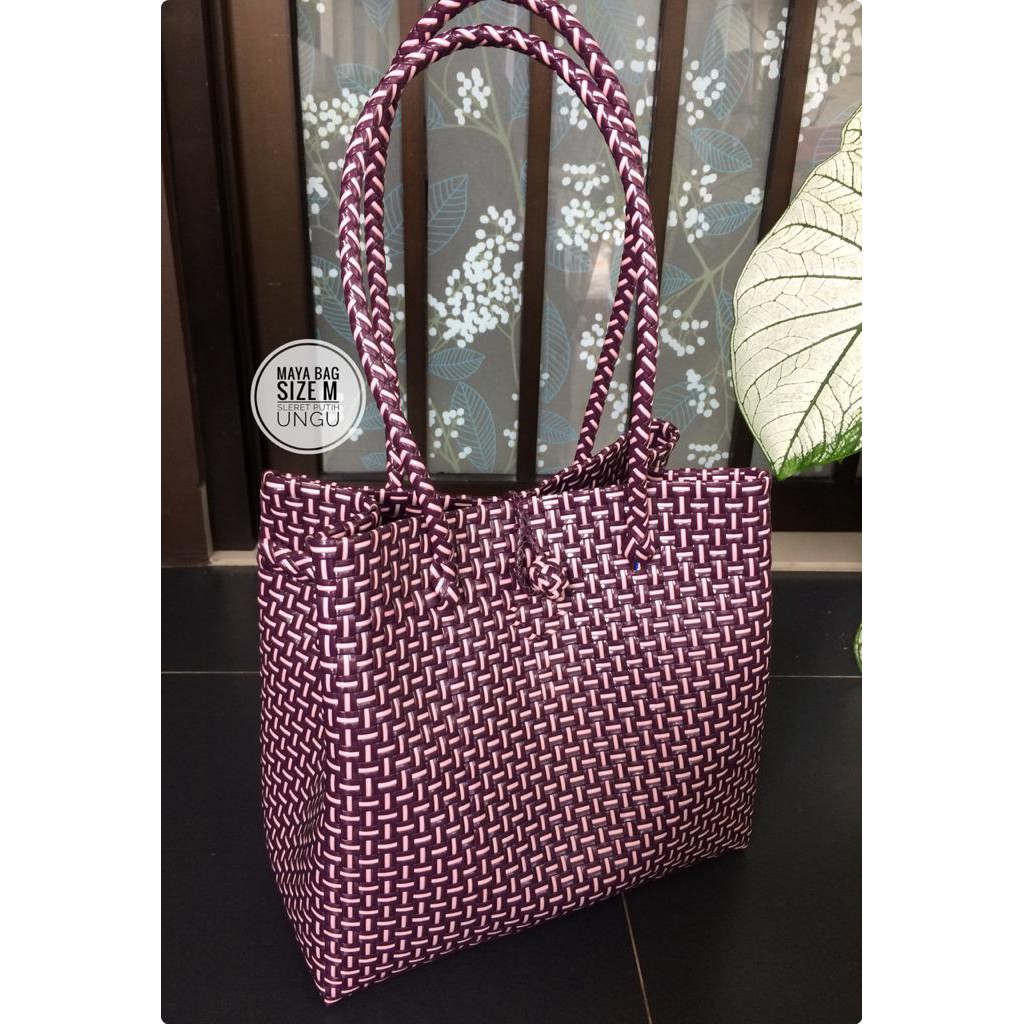 Tas Anyaman Plastik / Tas Pasar / Tas Jinjing Ungu Putih