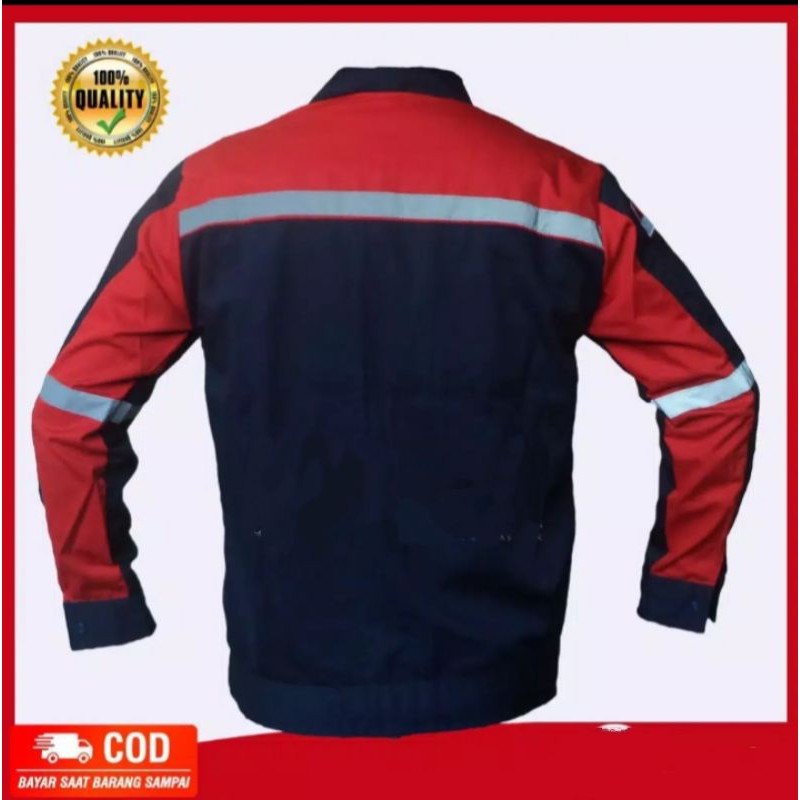 RESLETING BAJU SAFETY MERAH DONGKER KAIN DRILL BERLOGONK3 BENDERA WEARPACK ATASAN