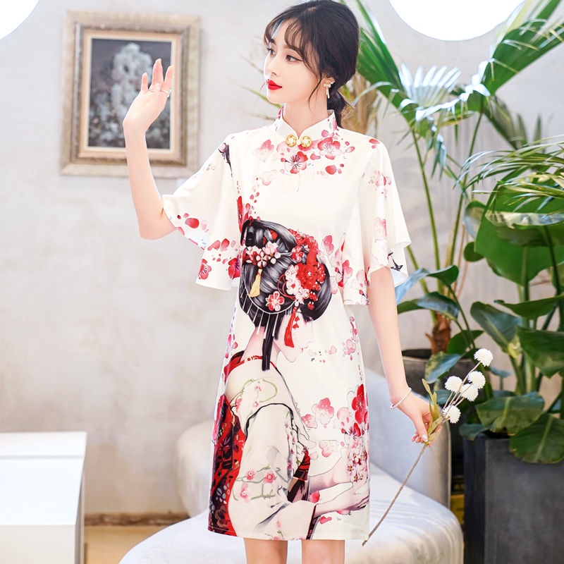 New printed cheongsam 202mm women's dress with large sleeves