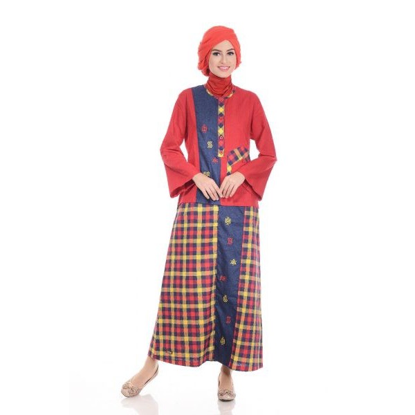 Baju gamis kombinasi warna maroon hijau motif kotak jersey HAIHAI GM 04