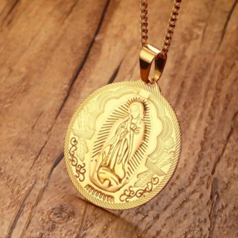 Men's Titanium Steel Plated 18K Gold Virgin Mary Pendant Necklace