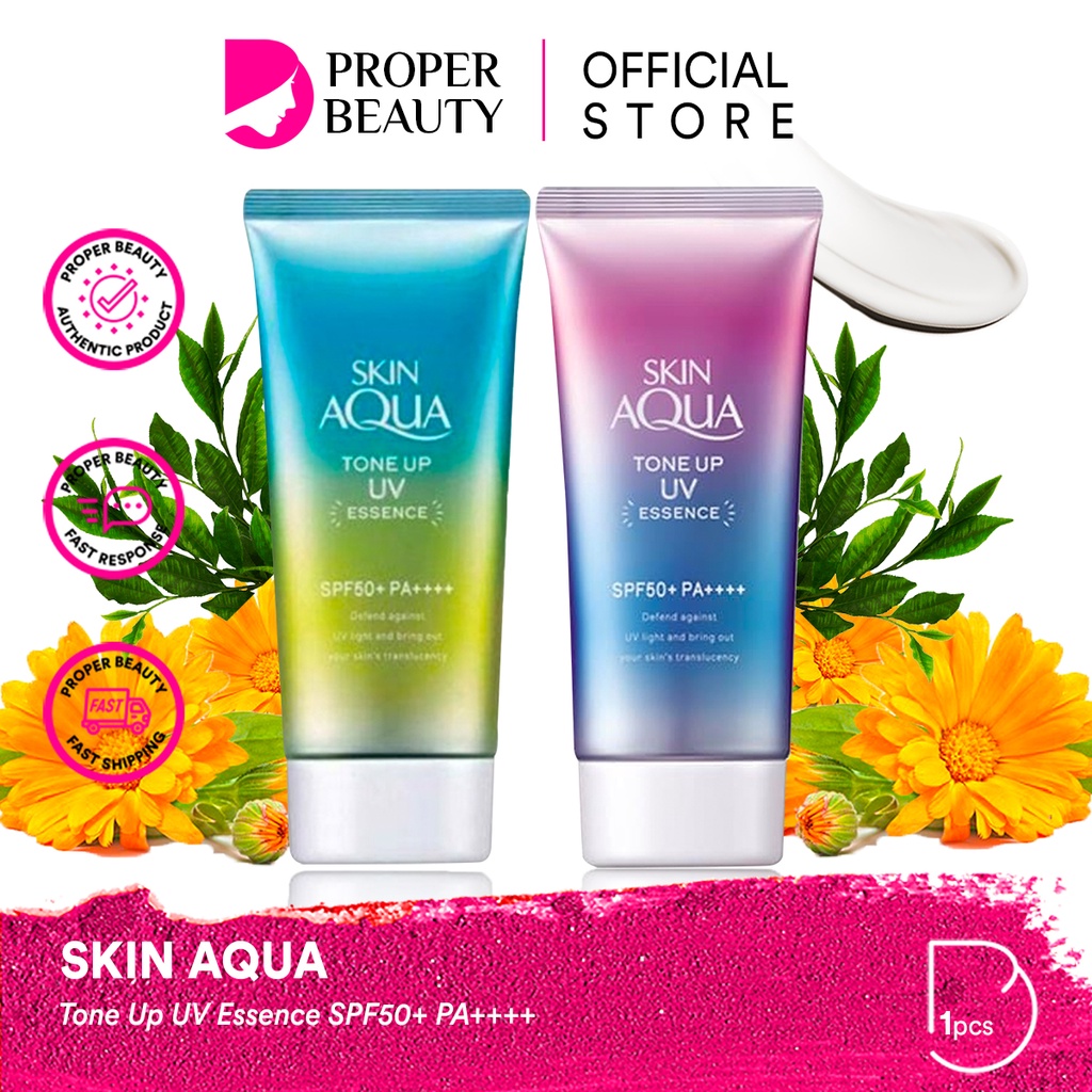 SKIN AQUA Tone Up UV Essence Japan / SPF50+ PA++++ Protection Radiant Glowing Skin / Violet Mint Green 40gr / Sunscreen Sun Care Suncare Sunblock Sunblok Make Up Base / Moisture Whitening Mild Milk Gel SPF 50 30 25 20 / Paket Set Wajah Face Body Rohto