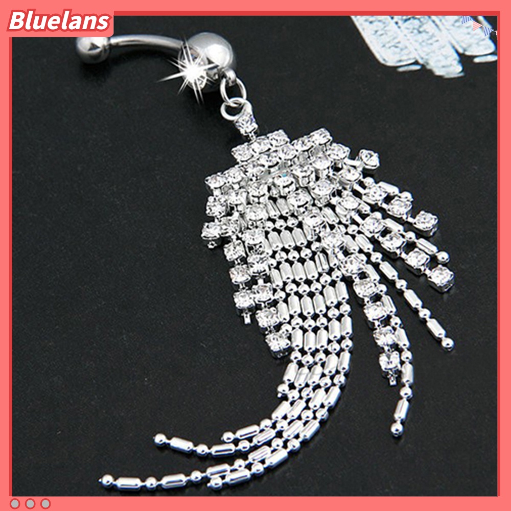 Bluelans Women Rhinestone Tassel Long Chain Dangle Navel Bar Button Belly Ring Jewelry