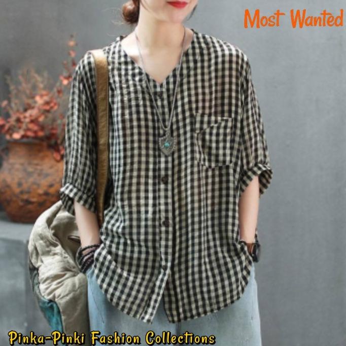 Baju Kemeja Wanita Premium Vneck Adelia Motif Kotak - 2 Varian Warna