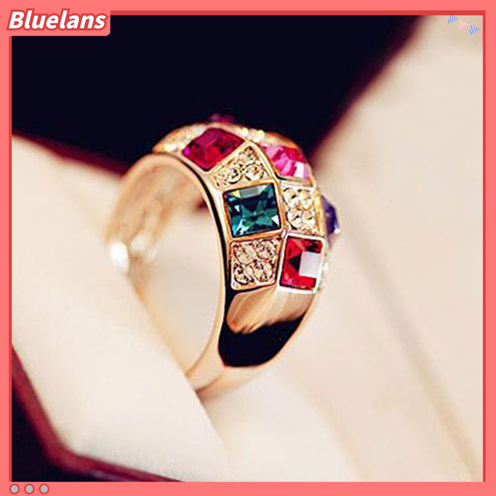 Bluelans Cincin Wanita Bahan Alloy Aksen Berlian Imitasi Warna-Warni Untuk Pesta Cocktail