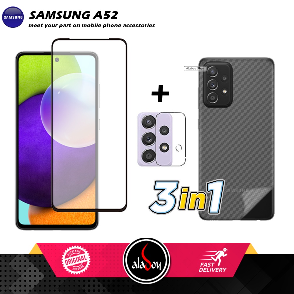 PAKET 3 IN 1 Tempered Glass Layar Samsung A52 2021 Free Tempered Glass Camera dan Skin Carbon