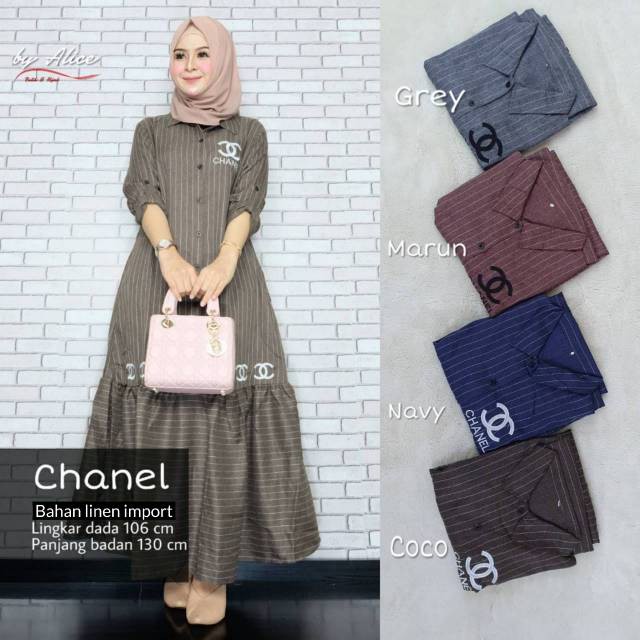Chanel Original Alice Gamis Motif Kotak Longdress Maxi Material Linen Premium