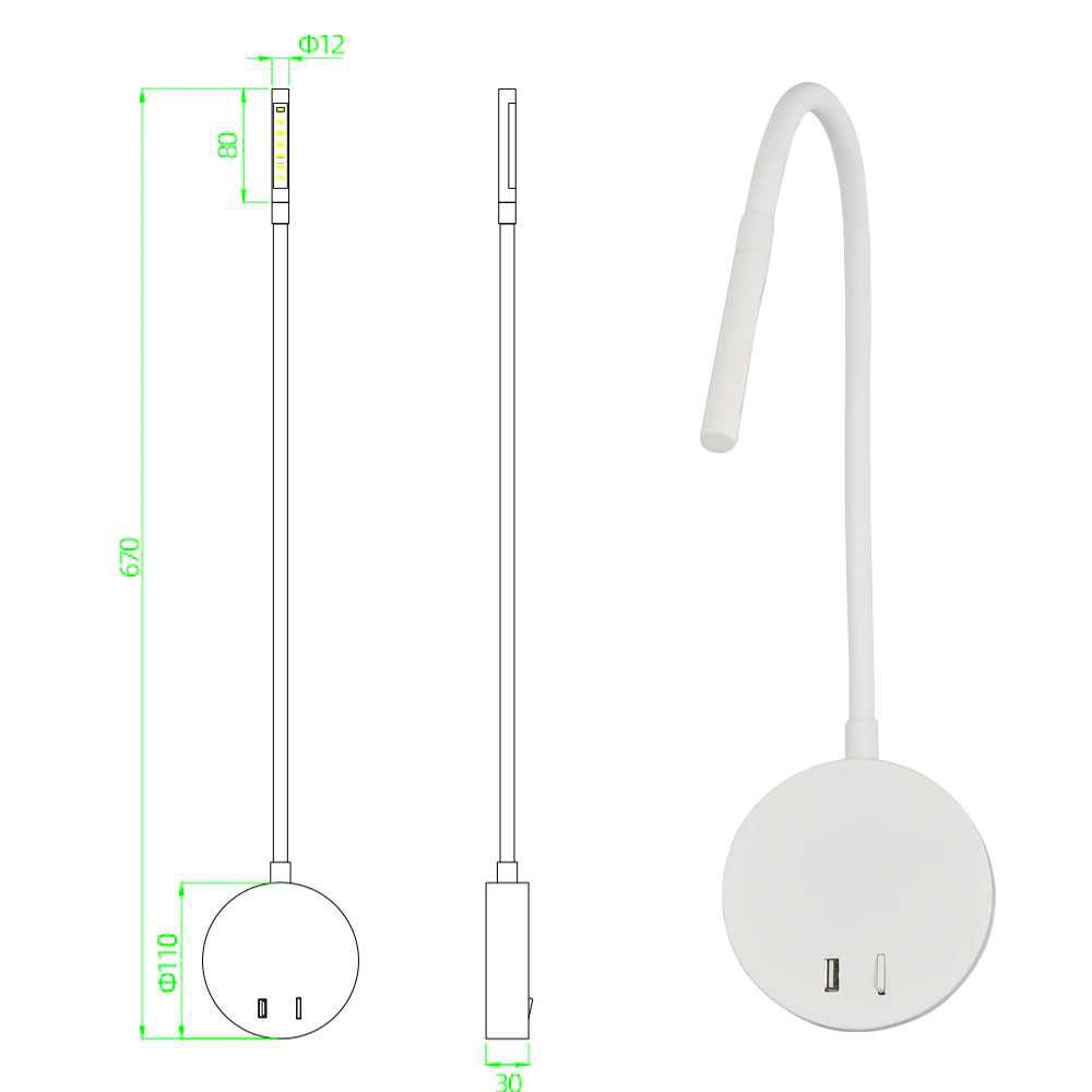 Lampu Tempel Baca LED Switch On/Off Minimalis Modern Reading Lamp 3W Warm White USB Plug DC5V 2A - 7RLL8FBK