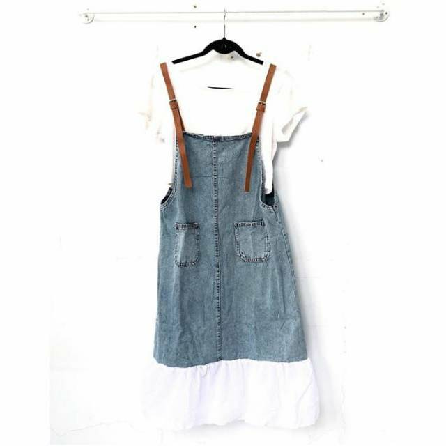 OVERALL JEANS WANITA/OVERALL JEANS ROK/BAJU OVERALL/MIDI OVERALL JEANS KOMBINASI