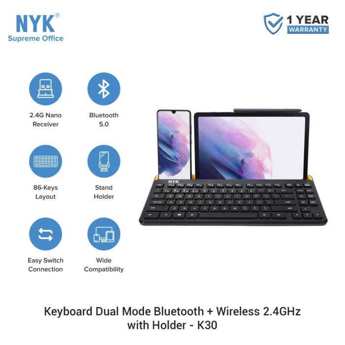 NYK K30 Keyboard Dual Mode Bluetooth + Wireless with Holder HP Tablet