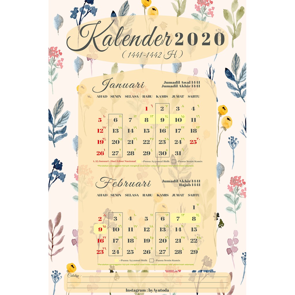 Kalender Dinding Spiral Atau Klem Seng 2020 Masehi Hijriyah