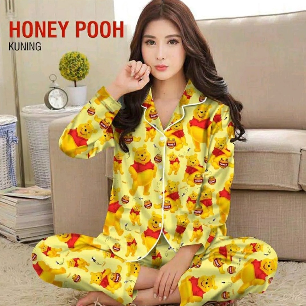 BAJU TIDUR WANITA/PIYAMA WANITA KATUN MOTIF KARAKTER HONEY POOH CP / PP