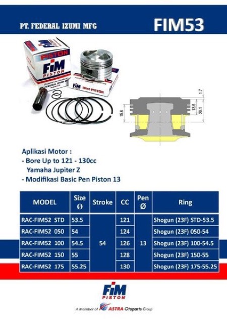 Piston kit fim xb jupiter z vega supra x 53.5 54 54.5 55 55.25 mm FIM53 pin 13-3