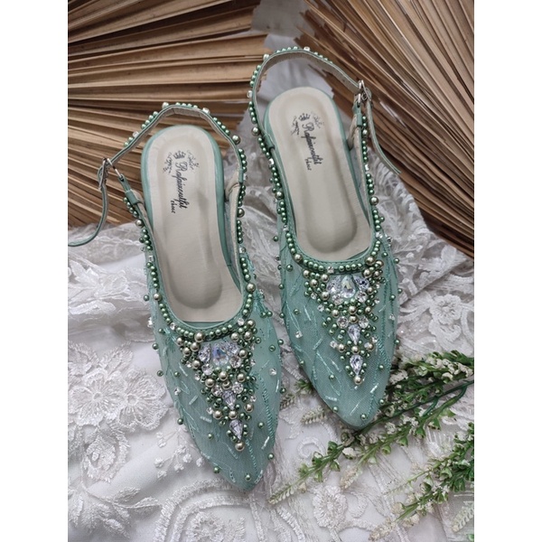 sepatu wanita wedding  kiyarisa sage green 7cm kaca