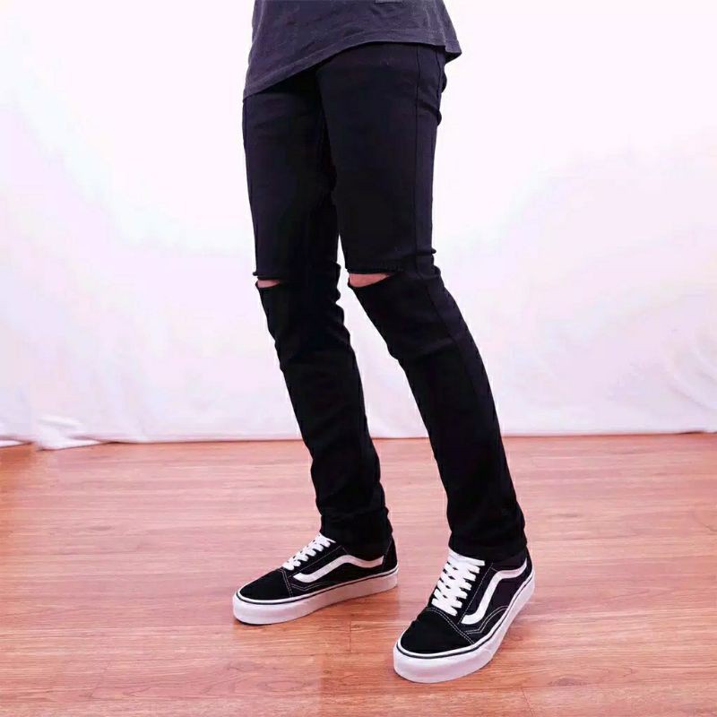 Celana Jeans Abu - Abu Slimfit Jeans Stretch Dark Grey Ripped  Pria Murah Lebay