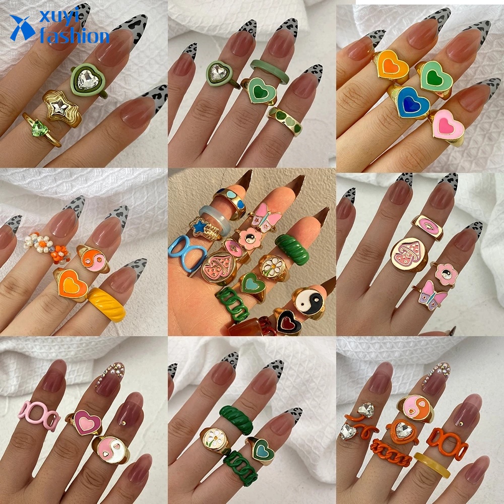 Set Cincin Desain Butterfly Heart Tai Chi Kristal Resin Warna-Warni Dapat Disesuaikan Untuk Wanita