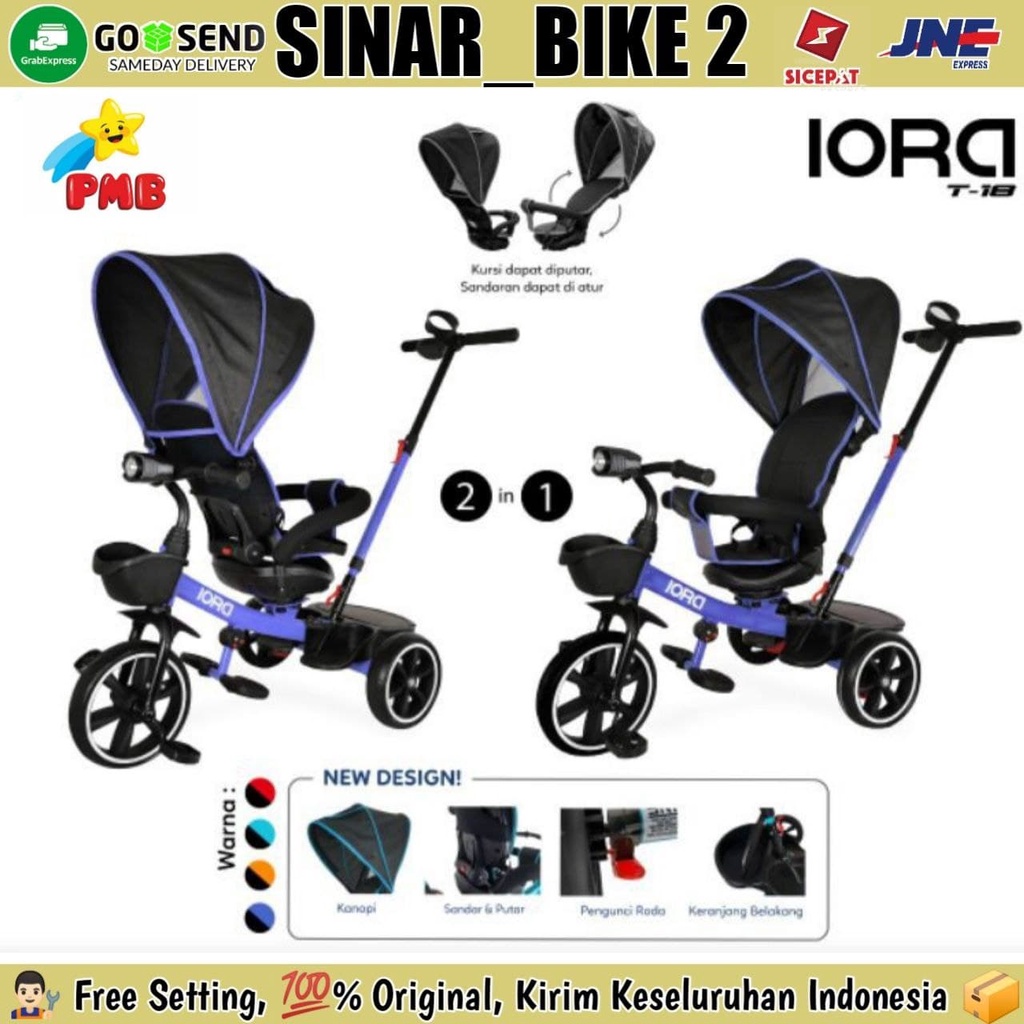 Sepeda Anak Roda Tiga Tricycle Pmb Iora T-18 Model Stroller Bisa Rebahan