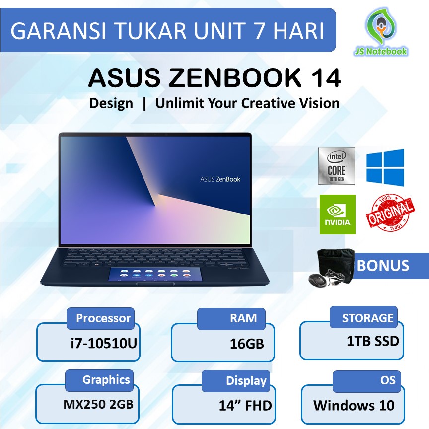 Asus Zenbook 14 Touchscreen i7 10510U 16GB 1TB SSD MX250 2GB 14inch W10 UX434FLC