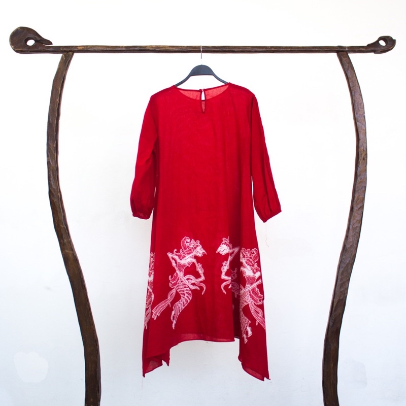 Dress Tulis Wayang BTT / Dress Batik Tulis Motif Wayang / Dress Wayang / Dress Wanita / Dress Merah