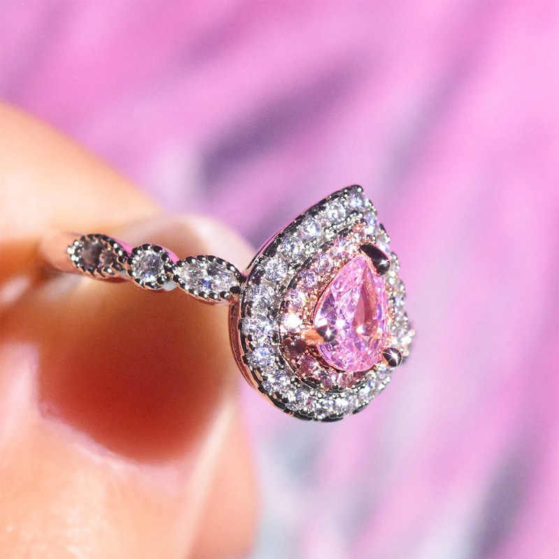 Cincin Berlian Imitasi Bentuk Tetesan Air Warna Pink Untuk Wanita