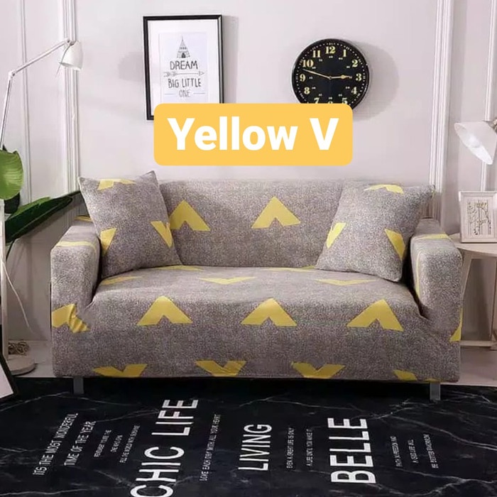 Cover Sofa 1 2 3 Seater Elastis Import Sarung Sofa Kain Motif Yellow V - 2 Seater