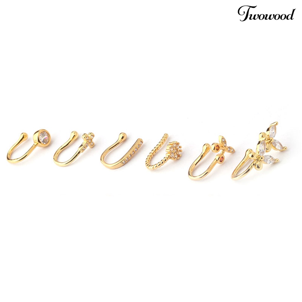 Twowood Nose Piercing Clip Eye-catching U Shape Copper Cubic Zirconia Multi-style Shiny  Ear Cuffs Nose Stud for Daily Wear