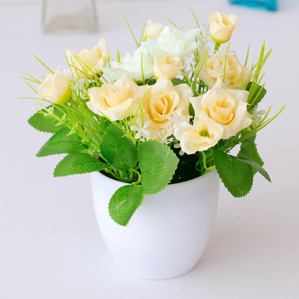 NM620 Bunga plastik / pajangan bunga Artificial / Vas Bulat-Putih