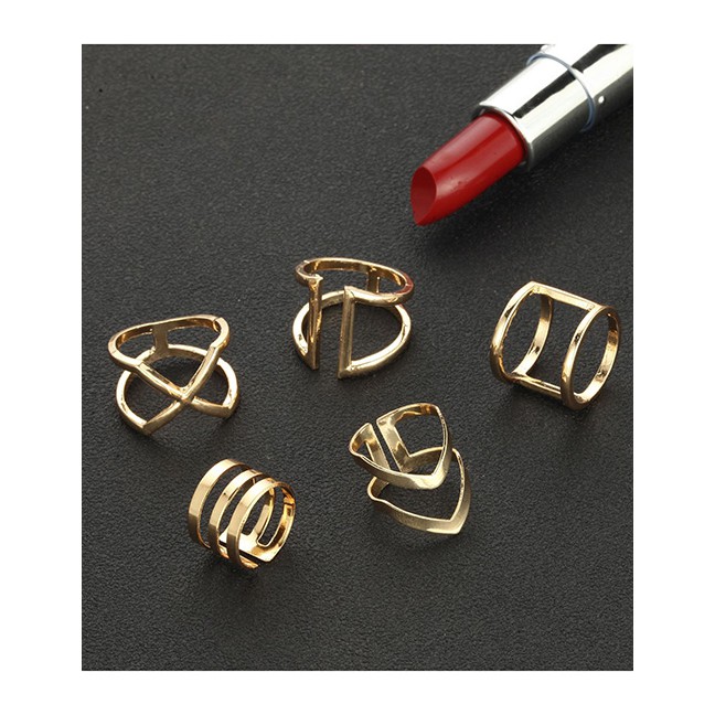 LRC Cincin Set Fashion Gold Color Pure Color Design Double Layer Rings(5pcs)