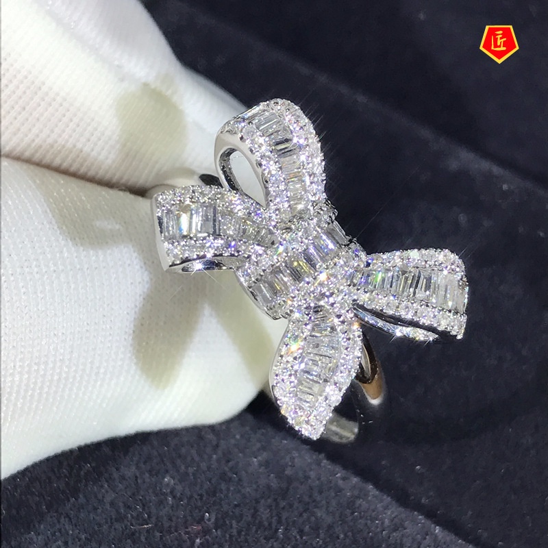 [Ready Stock]Bow Ladder Square Zircon Ring Beautiful Luxury Temperament Female