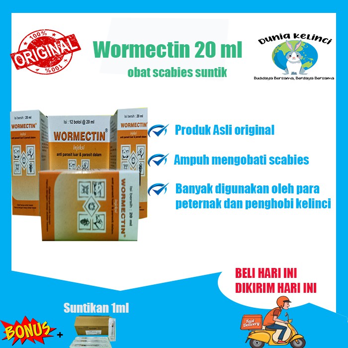 WORMECTIN 20 ML OBAT SCABIES GUDIK JAMUR PARASIT CACING KELINCI KUCING ANJING HAMSTER SAPI HEWAN-Wormectin 20 ml
