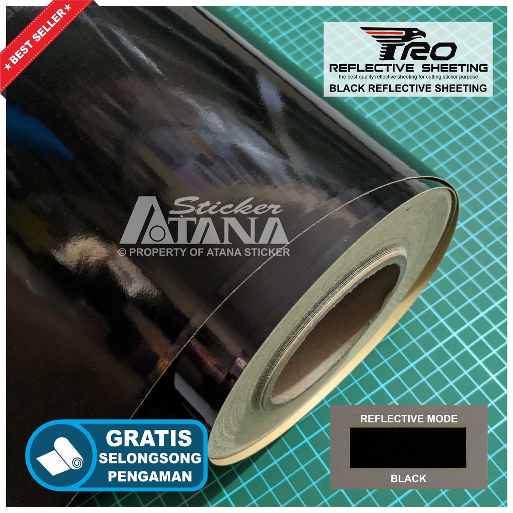 Bahan Stiker Cutting Hitam Skotlet Reflektif Fosfor Black Pro Reflective Sheeting Prolite Nyala Printing Sticker Material Scotchlite Scolite Scotlet Sechotlite Memantulkan Cahaya Flash Malam Hari Mata Kucing Mesin Plotter