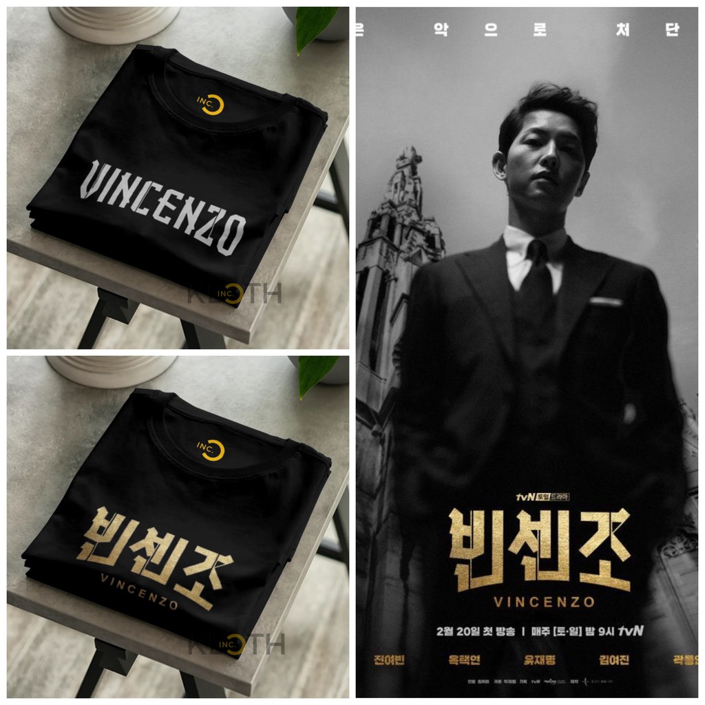 Kaos Drakor Vincenzo Hangul Title Cotton Combed 24s Bisa Upgrade Lengan Panjang