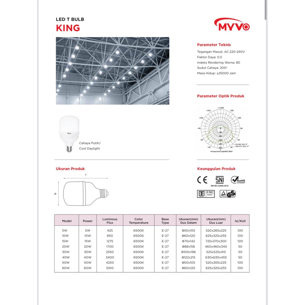 Lampu Led 20watt Myvo King Capsule T Bulb Cahaya Putih Bergaransi