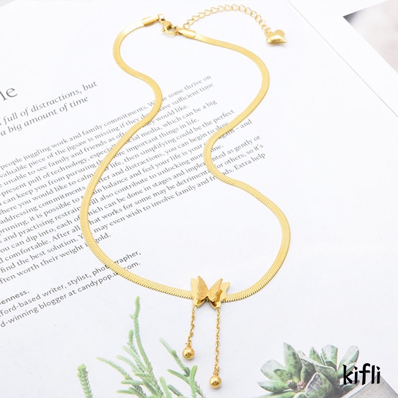 18K,Kalung Titanium Anti Karat,Kupu Rumbai Rantai Tulang Ular,Aksesoris Fashion Wanita