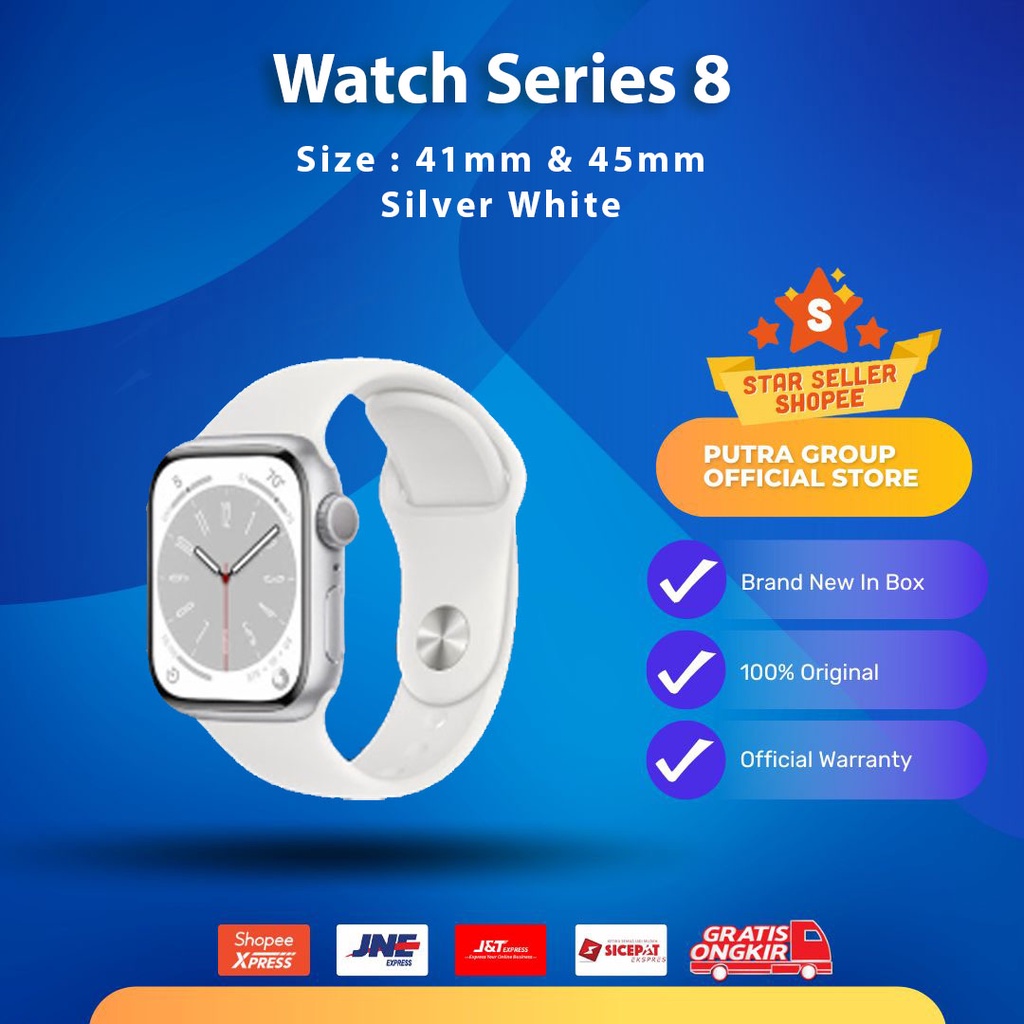 Watch Series 8 45mm 41mm Silver Alumunium Case with White Sport Band GPS Only Original