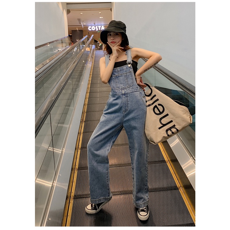 Jumpsuit Celana Lebar Kaki Overall denim panjang Tali Ikat Celana Wanita Tinggi Pinggang Longgar dan Melangsingkan Denim Suspender Celana Wanita