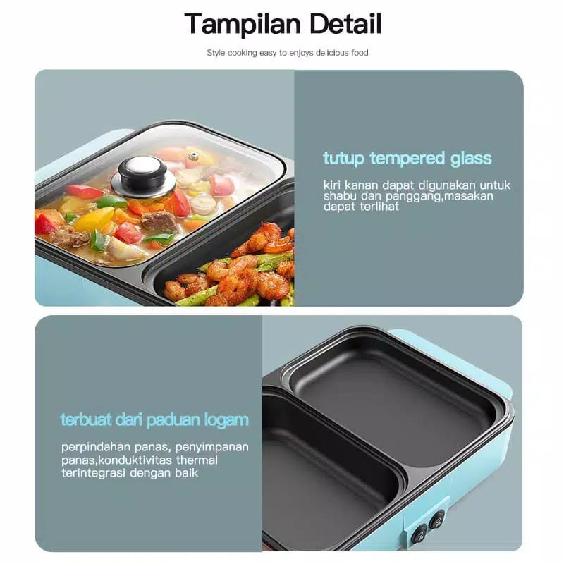 Grill Pan Pemanggang Serbaguna  Panci Elektrik Steamboat 2 Fungsi Ukuran 30 x 22 x 7 Cm