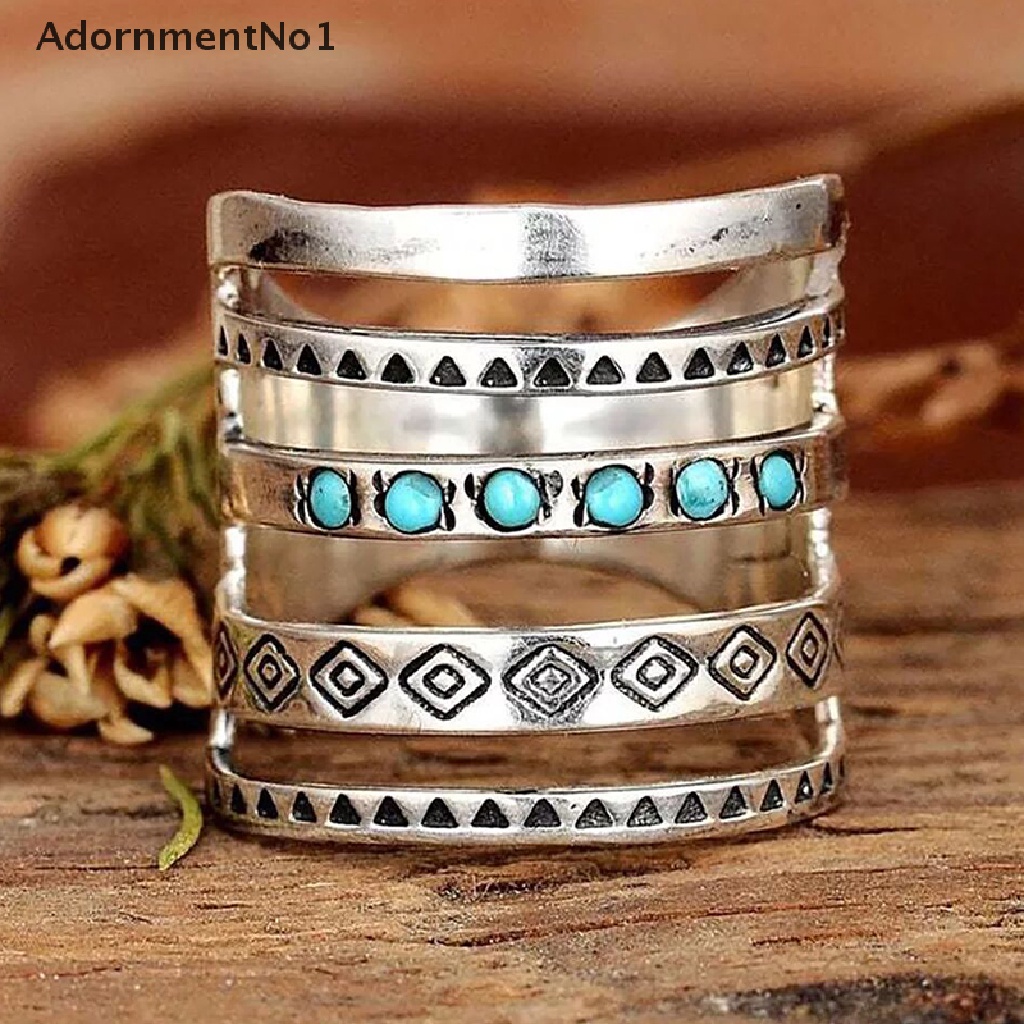 (AdornmentNo1) Cincin Silver Multilayer Gaya Bohemian Aksen Hollow + Turquoise Untuk Perhiasan Pria / Wanita