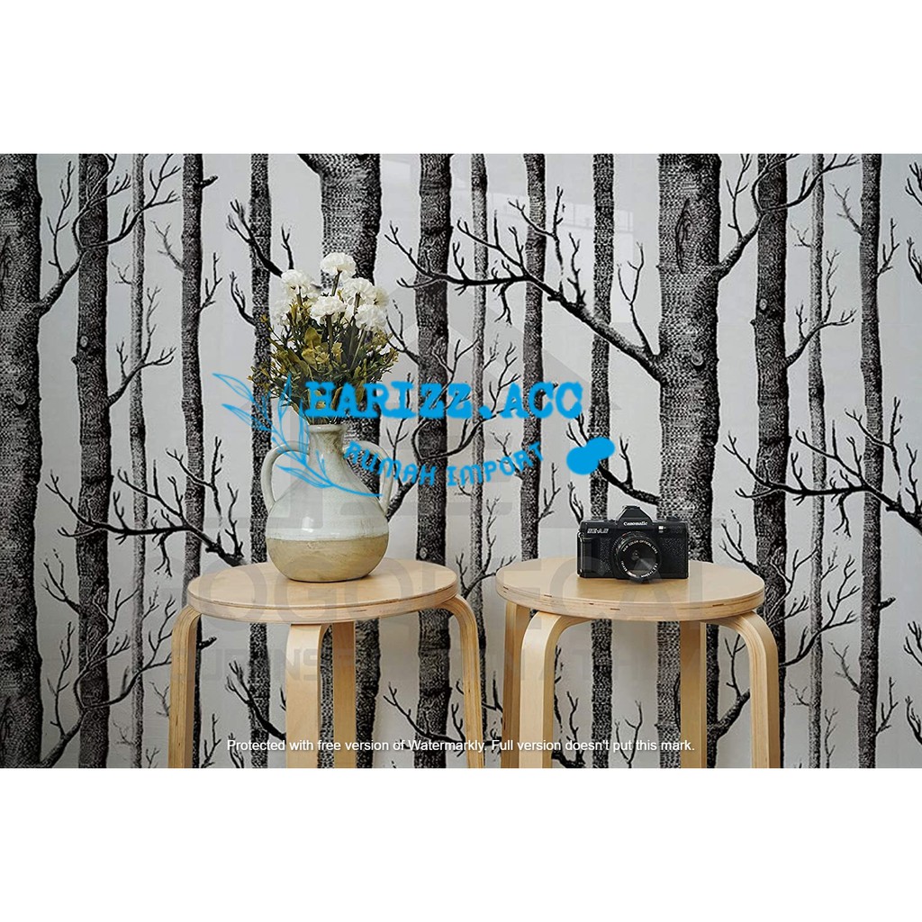 WALLPAPER STIKER DINDING MOTIF POHON GUGUR PANORAMA HITAM PUTIH