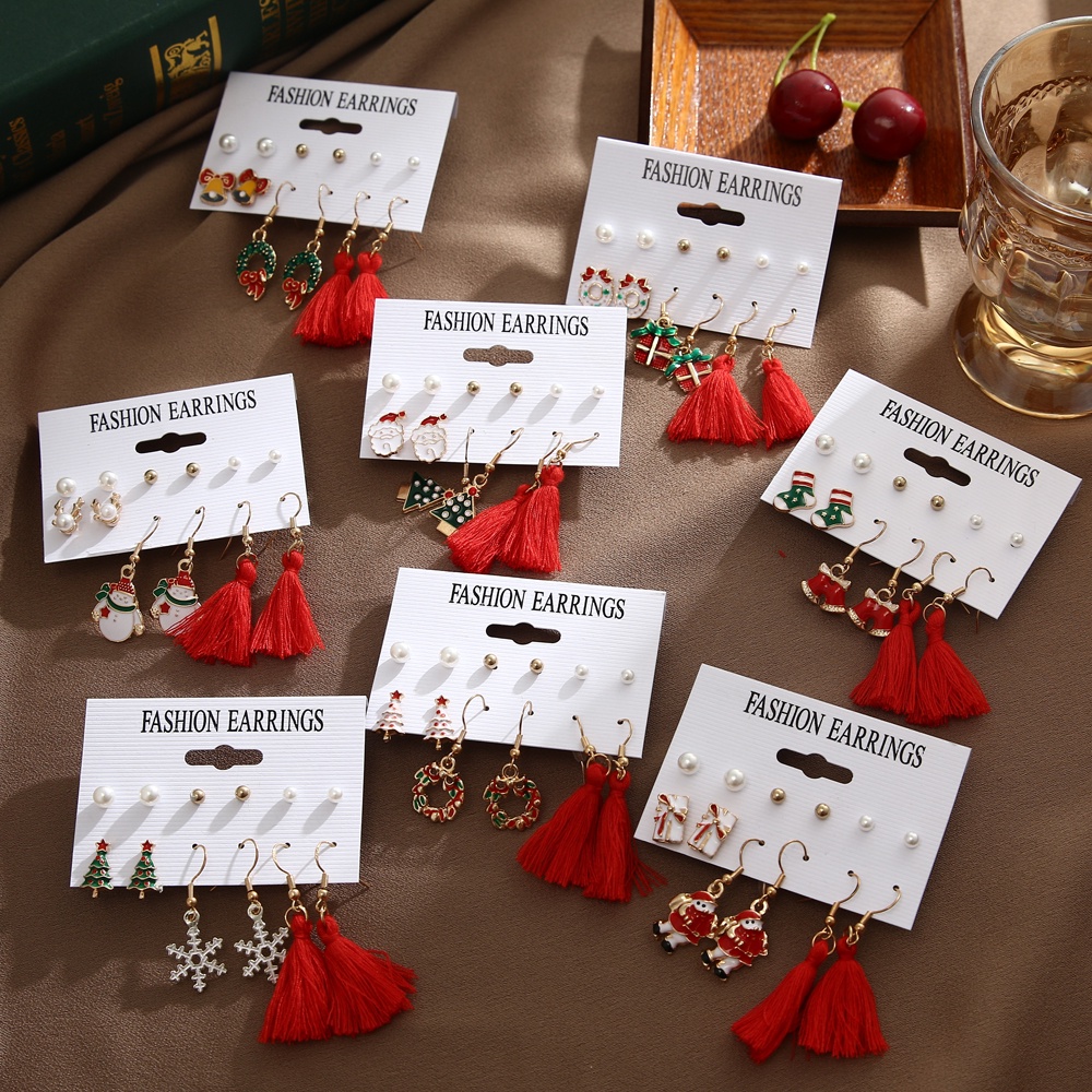 12pcs / Set Anting Rumbai Mutiara Desain Santa Claus Rusa Pohon Natal Untuk Wanita