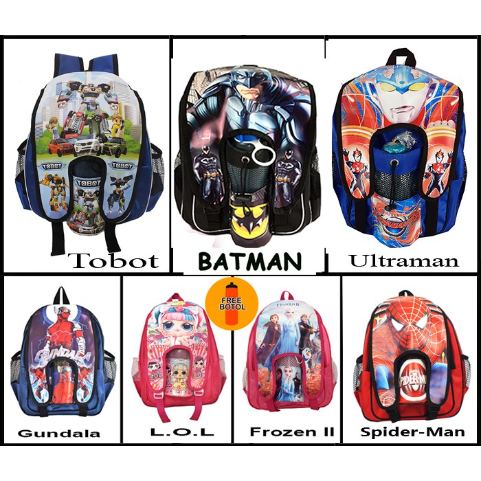TAS RANSEL/BACKPACK ANAK KARAKTER LOL/FROZEN/ULTRAMAN/BATMAN/SPIDERMAN/TOBOT/LITTLE PONY FREE BOTTLE