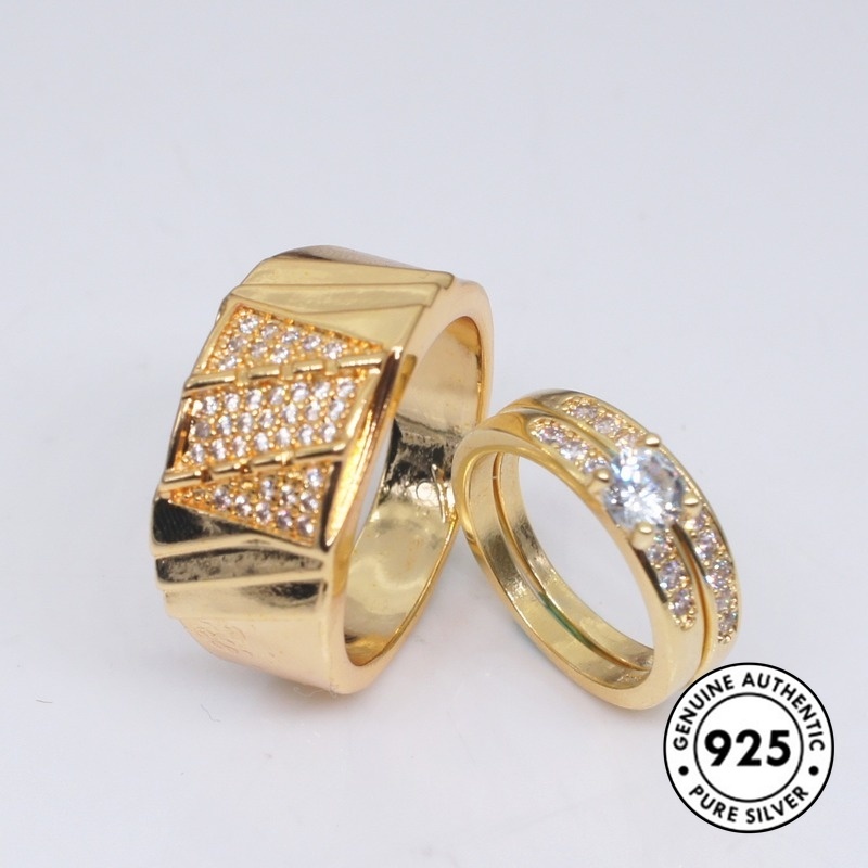 Set Cincin Pasangan Bahan S925 Lapis Emas Aksen Berlian