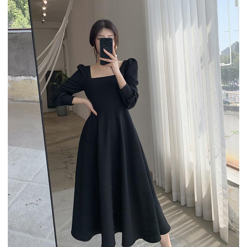 Dress korea/kerah persegi vintage dress/dress hitam panjang