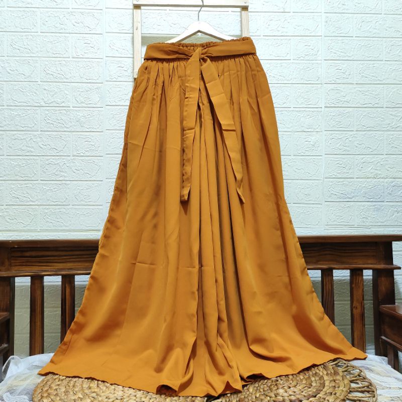 Rok panjang wanita bahan wolfis / rok rempel polos / rok kerja / rok kuliah-Mustard